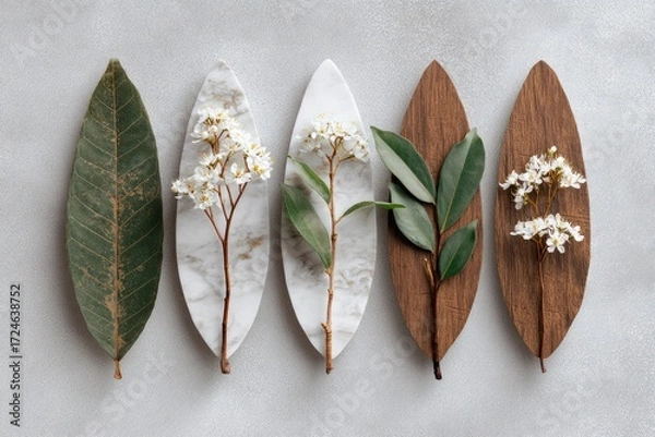 Fototapeta Five leaf-shaped vessels, alternating marble and wood, hold small white flowers and leaves