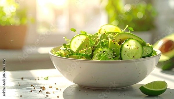 Fototapeta Fresh avocado and cucumber salad in a bowl (1)