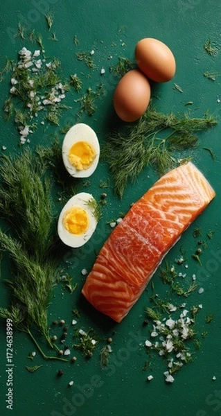 Obraz Fresh salmon, eggs, and dill on a green surface