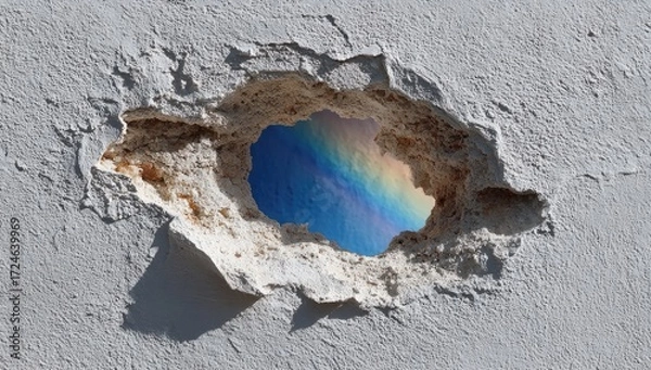 Obraz A hole in a weathered wall reveals a vibrant rainbow against a partly cloudy sky