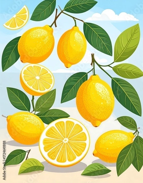 Fototapeta Citrus fruits, lemons, and slices against a beachy backdrop