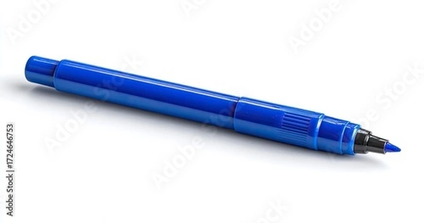 Obraz A vibrant blue marker, angled, lies on a plain white surface