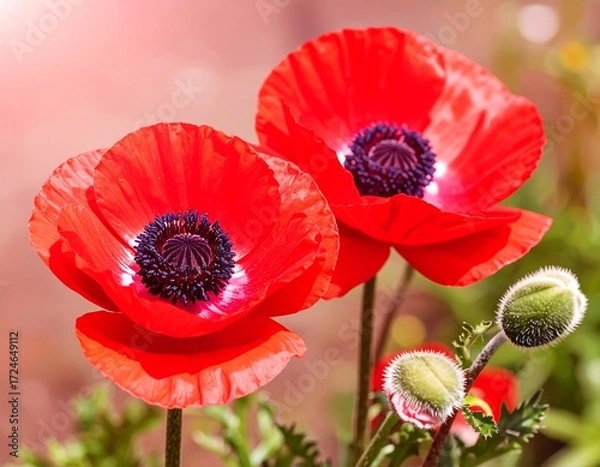 Fototapeta Two vibrant red poppies in bloom, soft focus background