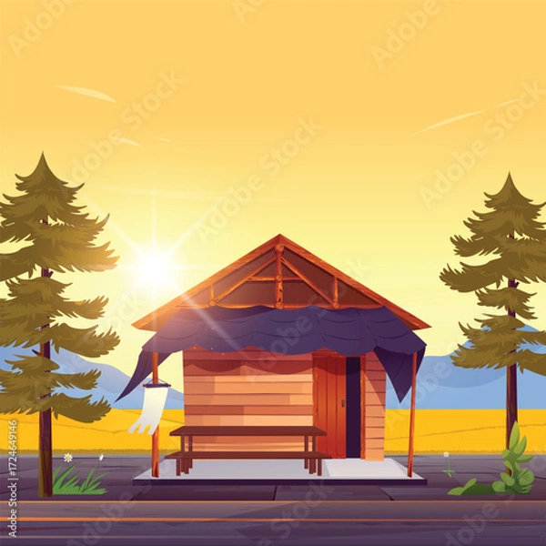 Obraz Illustration of a hut with a rural landscape, nature, trees, and sunlight
