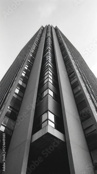 Fototapeta Low-angle view of a modern skyscraper's corner, showcasing its geometric facade.  Tall, narrow windows line the building's exterior.  