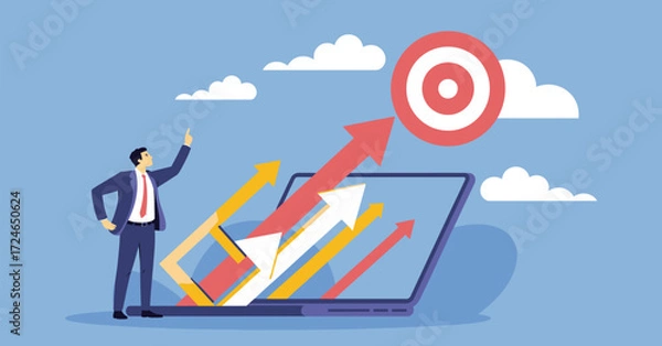 Fototapeta Business Growth Strategy Vector with Arrows Hitting Target – Success Concept Illustration for Corporate Progress, Marketing Goals, Financial Planning, and Future Vision in Flat Design
