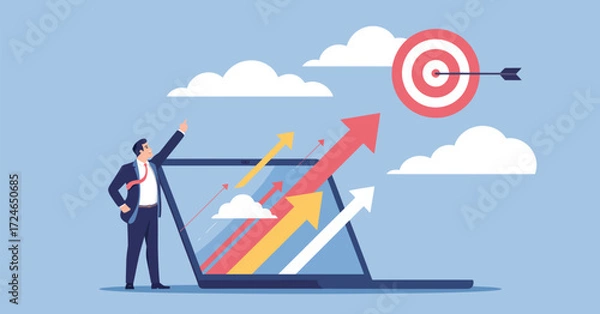 Fototapeta Business Growth Strategy Vector with Arrows Hitting Target – Success Concept Illustration for Corporate Progress, Marketing Goals, Financial Planning, and Future Vision in Flat Design