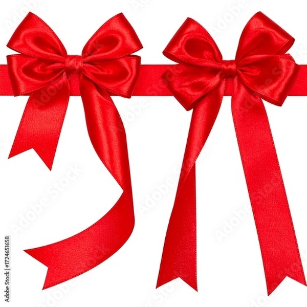 Fototapeta Two vibrant red satin bows on ribbons