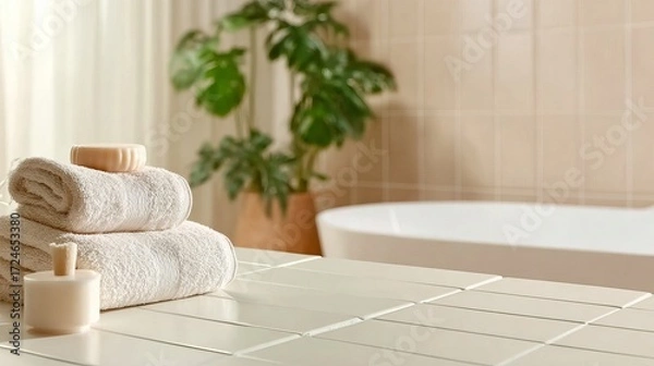 Obraz A serene bathroom countertop featuring neatly stacked towels, a soap dispenser, and a potted plant, with a bathtub in the background.