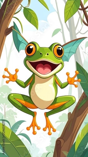 Fototapeta Cartoon frog with bat-like wings, joyful expression, jungle setting
