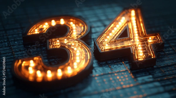 Fototapeta Glowing Neon Number 34 with Futuristic Lighting, perfect for use in digital art, gaming, or modern graphic design.