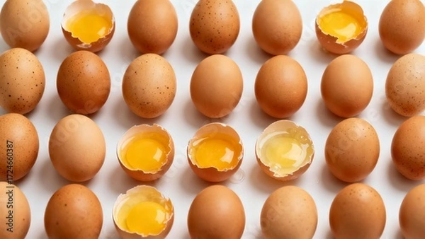 Obraz A grid of brown eggs, some whole and others cracked open to reveal bright yellow yolks, arranged in a neat pattern.