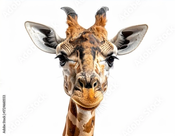 Fototapeta Giraffe headshot against a pure white backdrop. The mammal's skin is patterned in tan and black. Its small horns point up. Eyes are soulful