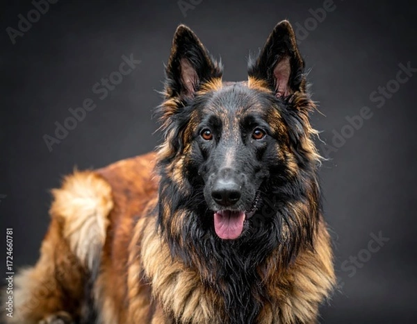 Fototapeta A shepherd dog,  rich reddish-brown and black fur,  looks directly at viewer,  dark background