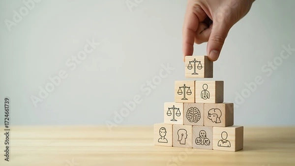Fototapeta Hand placing a wooden block with a balance scale on top of a pyramid