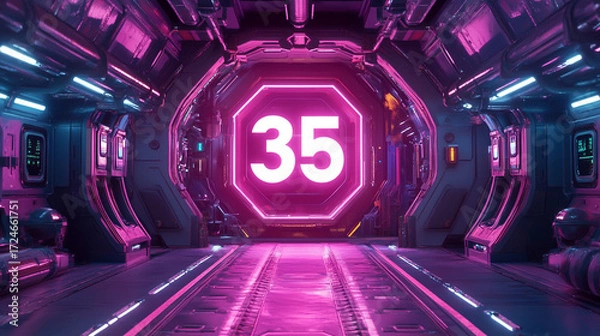 Fototapeta Futuristic Neon Sci-Fi Corridor with Number 35. A glowing neon-lit sci-fi corridor featuring the number 35 illuminated in bright pink.