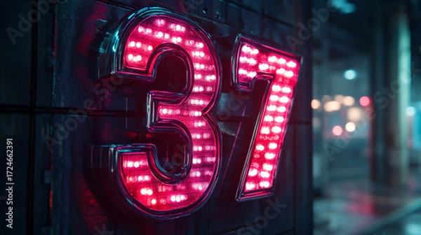 Fototapeta Neon Number 37 Sign Glowing in Urban Night Scene. A glowing neon sign displaying the number 37, illuminated in bright pink-red lights against a dark city backdrop.