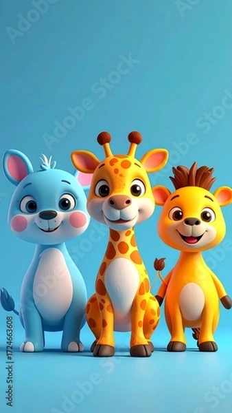Fototapeta Three cartoon animals ? a blue, a giraffe, and a golden ? pose happily on a light-blue backdrop.  They have large eyes, cute features, and are in 3D style