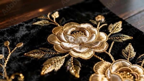 Obraz An intricately embroidered golden floral design on a luxurious black velvet fabric, showcasing detailed craftsmanship and elegant texture.