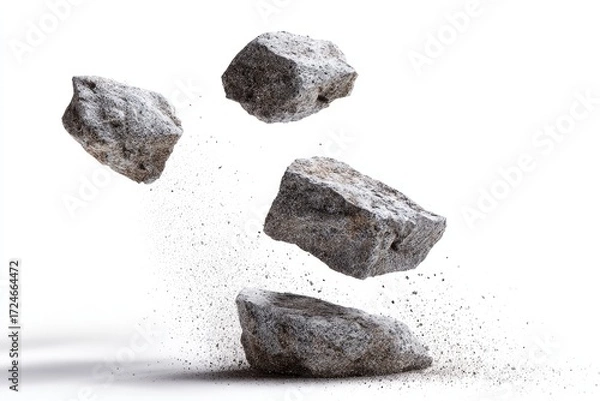 Fototapeta Four gray rocks levitate, suspended in mid-air, surrounded by a cloud of fine dust