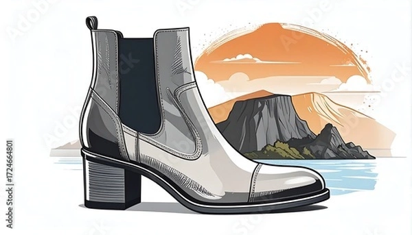 Fototapeta Stylish ankle boot illustration against a scenic backdrop