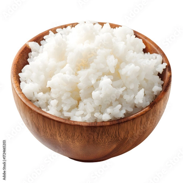 Obraz A wooden bowl brimming with fluffy white rice, a staple grain enjoyed worldwide, perfect for any meal