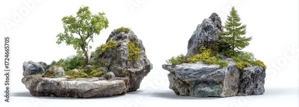 Fototapeta Two miniature rock landscapes with small trees and moss