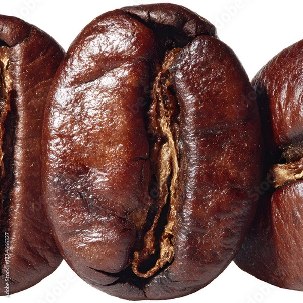 Obraz A macro view captures the intricate textures and rich, dark brown hues of three perfectly roasted coffee beans, showcasing their aromatic potential and inviting appearance for a morning brew