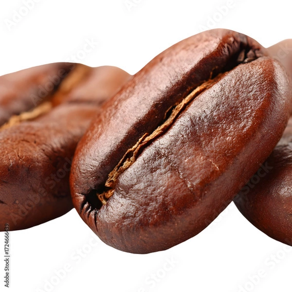 Obraz A detailed macro photograph captures the rich texture and deep brown color of freshly roasted coffee beans isolated on a white background