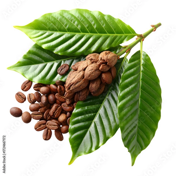 Obraz A vibrant coffee plant branch with fresh green leaves, raw cherries, and roasted beans isolated on a white background