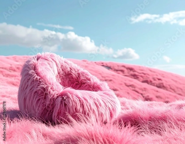 Fototapeta Pink, shaggy beanbag-style chair nestled in a field of vivid pink grass against a light blue sky with fluffy white clouds in the distance