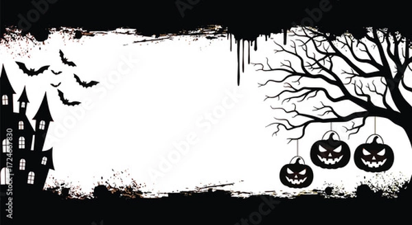 Fototapeta Spooky Halloween scene with haunted castle, bare trees, and jack-o'-lanterns on a dark night