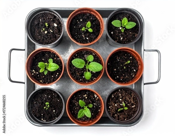 Fototapeta Overhead view of nine small plants growing in terracotta pots, arranged neatly in a square formation on a metal tray against a white backdrop