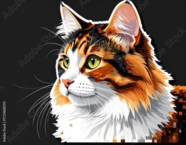 Fototapeta Artistic illustration of a long-haired calico cat's head and shoulder, looking left, on a stark black background, with a clean white outline