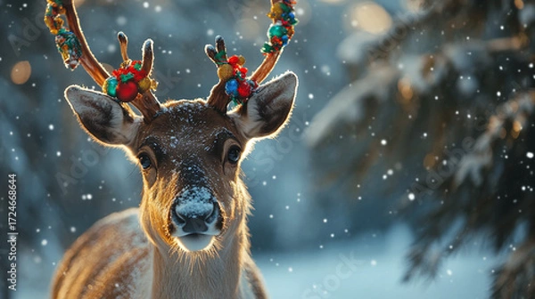 Obraz Close-Up of Reindeer with Colorful Holiday Decorations on Antlers Standing in Snowy Clearing Among Frost-Covered Pine Trees
