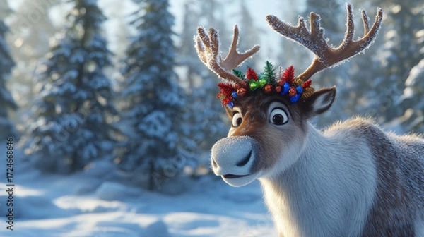 Obraz Close-Up of Reindeer with Colorful Holiday Decorations on Antlers Standing in Snowy Clearing Among Frost-Covered Pine Trees