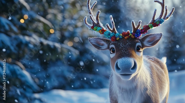 Obraz Close-Up of Reindeer with Colorful Holiday Decorations on Antlers Standing in Snowy Clearing Among Frost-Covered Pine Trees