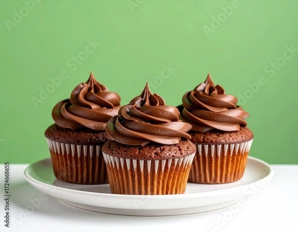Fototapeta Three frosted chocolate cupcakes stand on a white plate against a bright green background, simple, yummy, tempting dessert