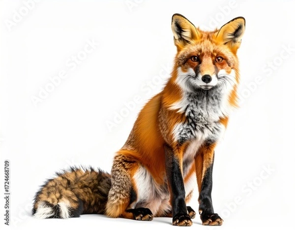 Fototapeta A reddish-orange fox with white accents sits upright, looking directly at the viewer against a bright white background in a studio shot