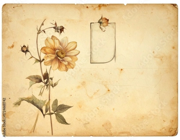 Fototapeta Aged paper with a delicate watercolor painting of an orange flower with leaves, and a small blank label affixed with a dried rose