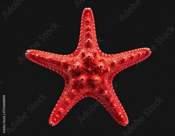 Fototapeta A vibrant, five-armed red starfish, textured with small bumps, is displayed against a contrasting plain black background