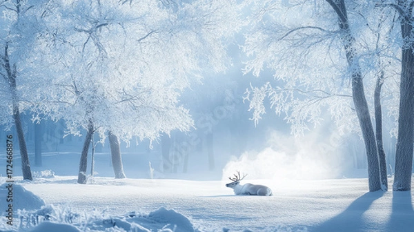 Obraz Reindeer Resting in Snowy Glade with Visible Breath and Rising Mist Surrounded by Frosted Trees in Peaceful Winter Atmosphere