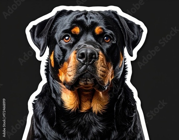 Fototapeta A majestic Rottweiler with glossy black fur and rich tan markings, captured against a solid dark background, featuring a prominent white outline