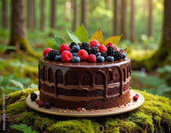Fototapeta Chocolate cake adorned with berries & autumn leaves sits atop moss in a serene forest clearing bathed in sunlight
