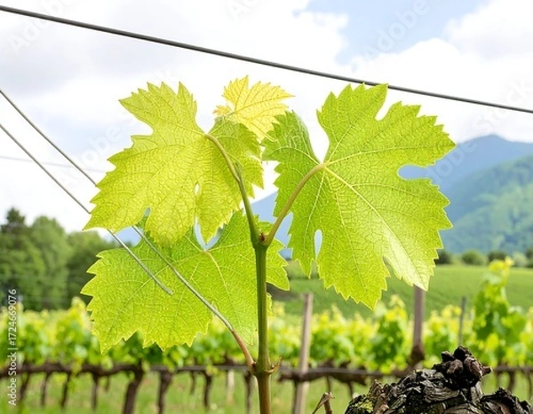 Fototapeta Fresh grape leaves sprout in vineyard