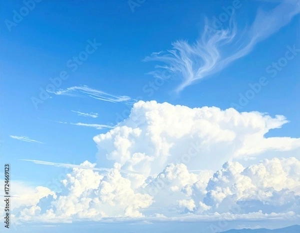 Obraz Expansive view of cumulus clouds forming layers in a vibrant blue sky, feather-like cirrus clouds in the distance adding depth