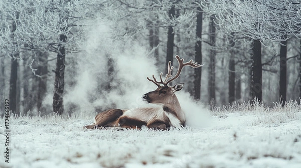 Obraz Reindeer Resting in Snowy Glade with Visible Breath and Rising Mist Surrounded by Frosted Trees in Peaceful Winter Atmosphere