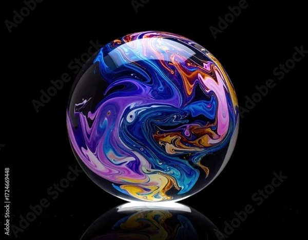 Obraz A glossy sphere swirls with vibrant shades of blue, purple, pink, and gold against a black backdrop