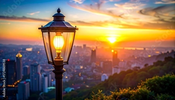 Fototapeta A classic street light glows, casting light against a vibrant sunset over a cityscape, with building silhouettes