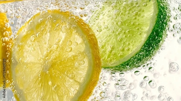 Obraz A close-up of vibrant lemon and lime slices with glistening water droplets, highlighting their fresh and zesty appeal.